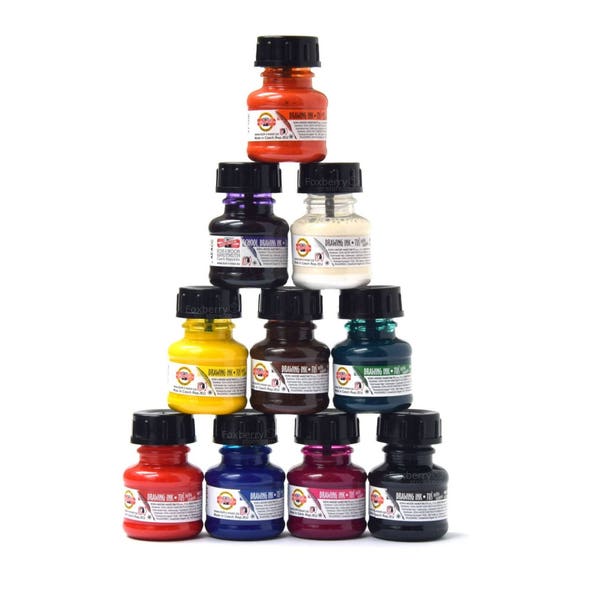 Drawing Ink Set Colour Artist 20g Jars Koh-I-Noor for Fountain Pen Airbrush Brush Fluorescent Neon Black White Blue Green School Kids Art