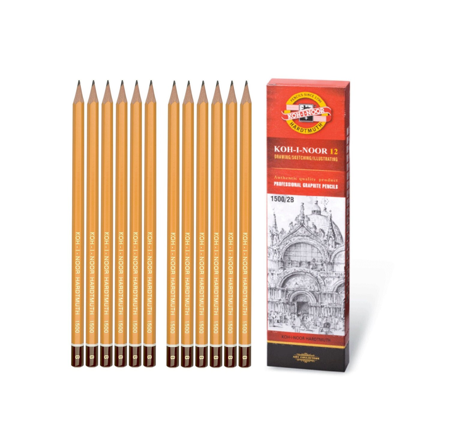 Professional Graphite Pencils Koh I Noor 1500 Yellow 12 Pieces 8B 10H