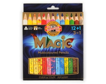 May include: A box of 12 + 1 Koh-I-Noor Hardtmuth Magic Multicoloured Pencils. The pencils are 3 in 1 and have a blue, yellow, red, green, and orange color scheme. The box has a gold and blue design with the words "Magic" and "Multicoloured Pencils" printed on it.