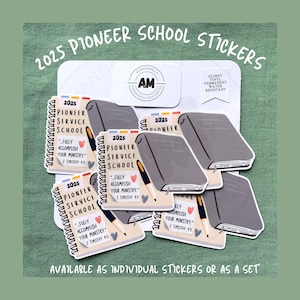 Cahier et bible de l'école de service des pionniers | 2025 | Autocollant inspiré du ministère chrétien JW | Découpe en vinyle laminé brillant | anglais/espagnol