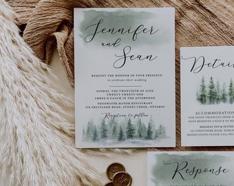 Forest Wedding Invitation Set, Rustic Invitations, winter pine trees wedding invitation, template