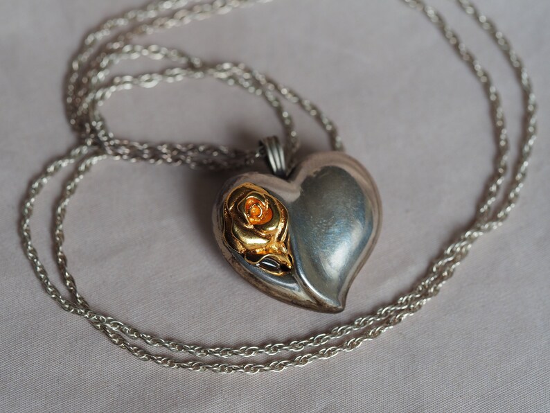 Fun Vintage Gorham Sterling Silver Heart And Rose Necklace