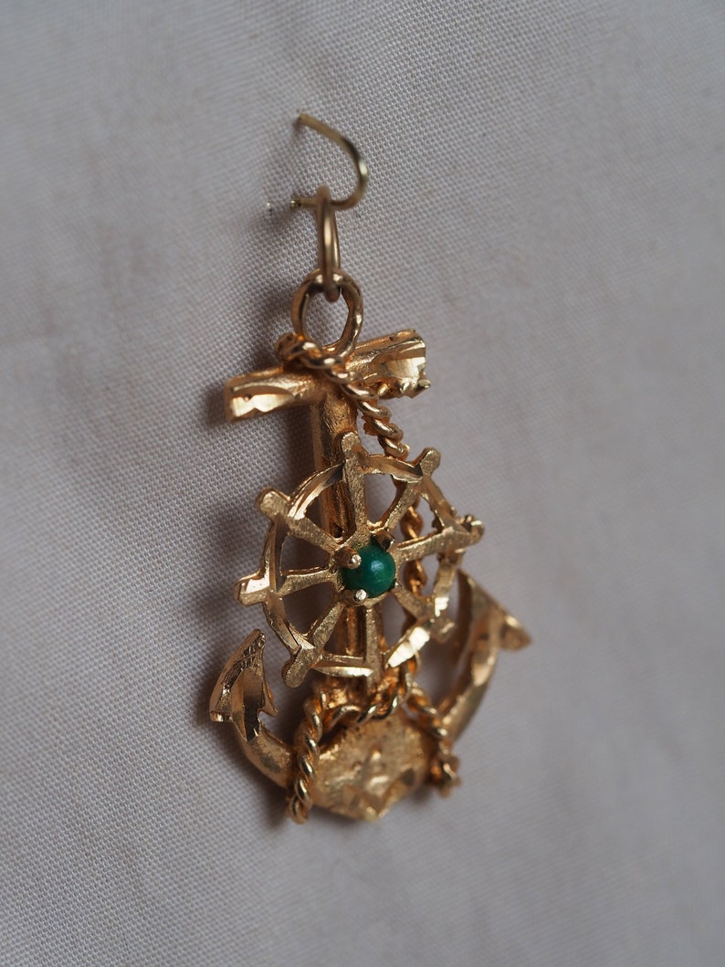 Bold vintage 10K yellow gold textured anchor and rope pendant with Turquoise stone