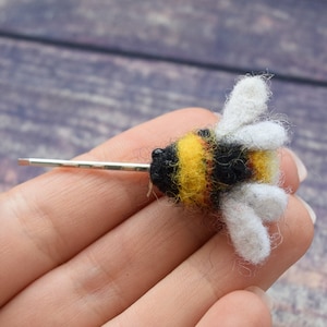 Needle Felted Bee Hair Pin: Miniature Wool Bumblebee Jewelry