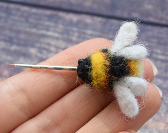 Needle Felted Bee Hair Pin: Miniature Wool Bumblebee Jewelry