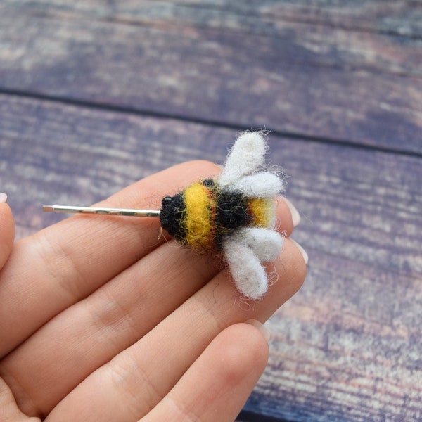 Needle felted miniature Bee hairpin Felted bumblebee Yellow jewelry Wasp pin Needle felted wildlife Metal hair pin