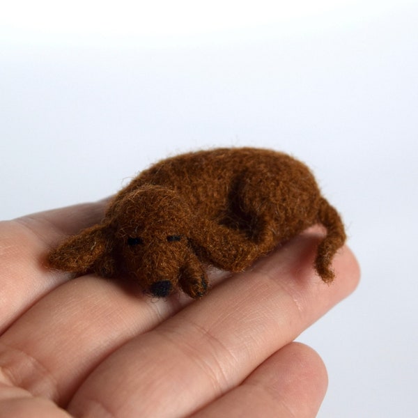 Tiny sleeping  dachshund Brown dachshund Dachshund figurine   Dollhouse animals miniatures  Pet for doll Tiny toy Needle felted mini dog