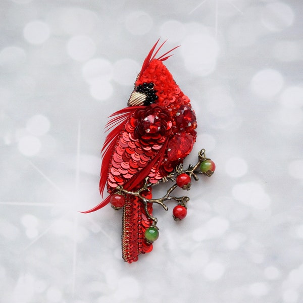 Red Cardinal beaded brooch gift Bright bird sequins Gifts for mom Embroidery Northern Cardinal pin Bird jewelry Love birds gift