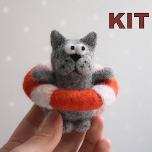 Swimmer cat DIY set Needle felting Kit beginners (starter kit) cat Needle felting tutorial kit Gifts for cat lovers Do it yourself craft kit