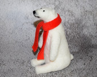 Needle felted polar bear with scarf White bear Christmas decor Winter decor Wife gift Valentine's Day gift Felted bear Needle felted animal