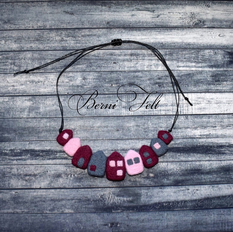 Design Necklace Felt Necklace Houses Necklace Wool Jewelry Etsy