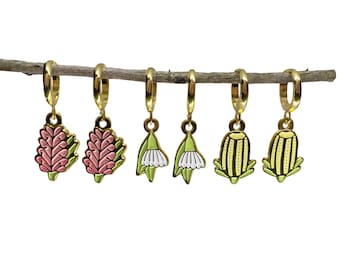 Set of 3 Pairs Native Australian Flowers Hoop Charm Earrings - Grevillea, Eucalyptus /  Gumnut & Banksia - 18K Gold 925