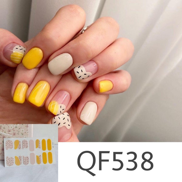 Yellow White Graphic Nail Wraps/ Neutral Nail Wraps / Nail Wrap / Nail Strips / Nail Art Stickers - 9374/QF538