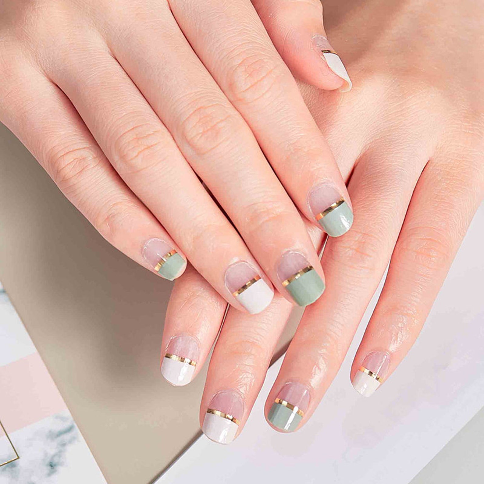 2 Tone French Manicure White and Sage Green With Gold Nail Etsy UK