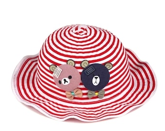 Baby hat with Stripes and Bear motif,  kid's hat, children’s hat, Summer Hat, Handmade, Red stripe 9200, Blue Stripe 9912