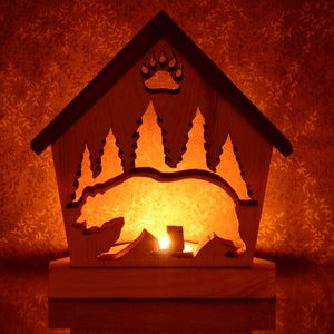 Brown Bear Tea Light Holder Cottage-Bear Evergreen Tree Décor-LED Candle Holder-Wood Tealight Holder-Handcrafted-Handpainted - Reversible