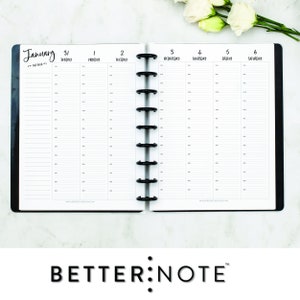 May include: A black and white weekly planner with a black coil binding. The planner has a white background with black lines and the month of January written at the top. The days of the week are listed across the top of the planner, starting with Sunday and ending with Saturday.
