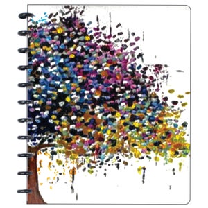 May include: A colorful abstract painting of a tree with a white background. The tree is made up of many small dots of different colors, including blue, green, yellow, orange, red, and purple.