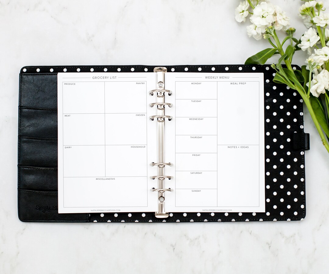 A5 Meal Planning Kit, Menu & Grocery Lists, Filofax A5 Planner Insert