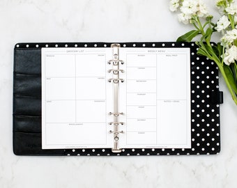 May include: A black and white polka dot planner with a white page open to a grocery list and weekly menu. The grocery list is divided into sections for produce, meat, dairy, frozen, household, and miscellaneous. The weekly menu has sections for Monday through Sunday, meal prep, and notes and ideas.