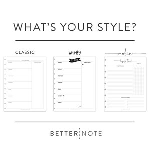 Op de afbeelding: Drie verschillende wekelijkse planner-layouts: Klassiek, Speels en Modern. Elke lay-out heeft een andere ontwerpstijl en bevat secties voor dagelijkse taken, wekelijkse taken en notities.