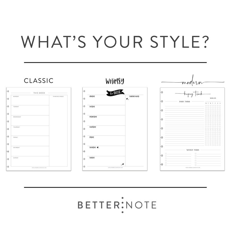 Op de afbeelding: Drie verschillende wekelijkse planner-layouts: Klassiek, Speels en Modern. Elke lay-out heeft een andere ontwerpstijl en bevat secties voor dagelijkse taken, wekelijkse taken en notities.