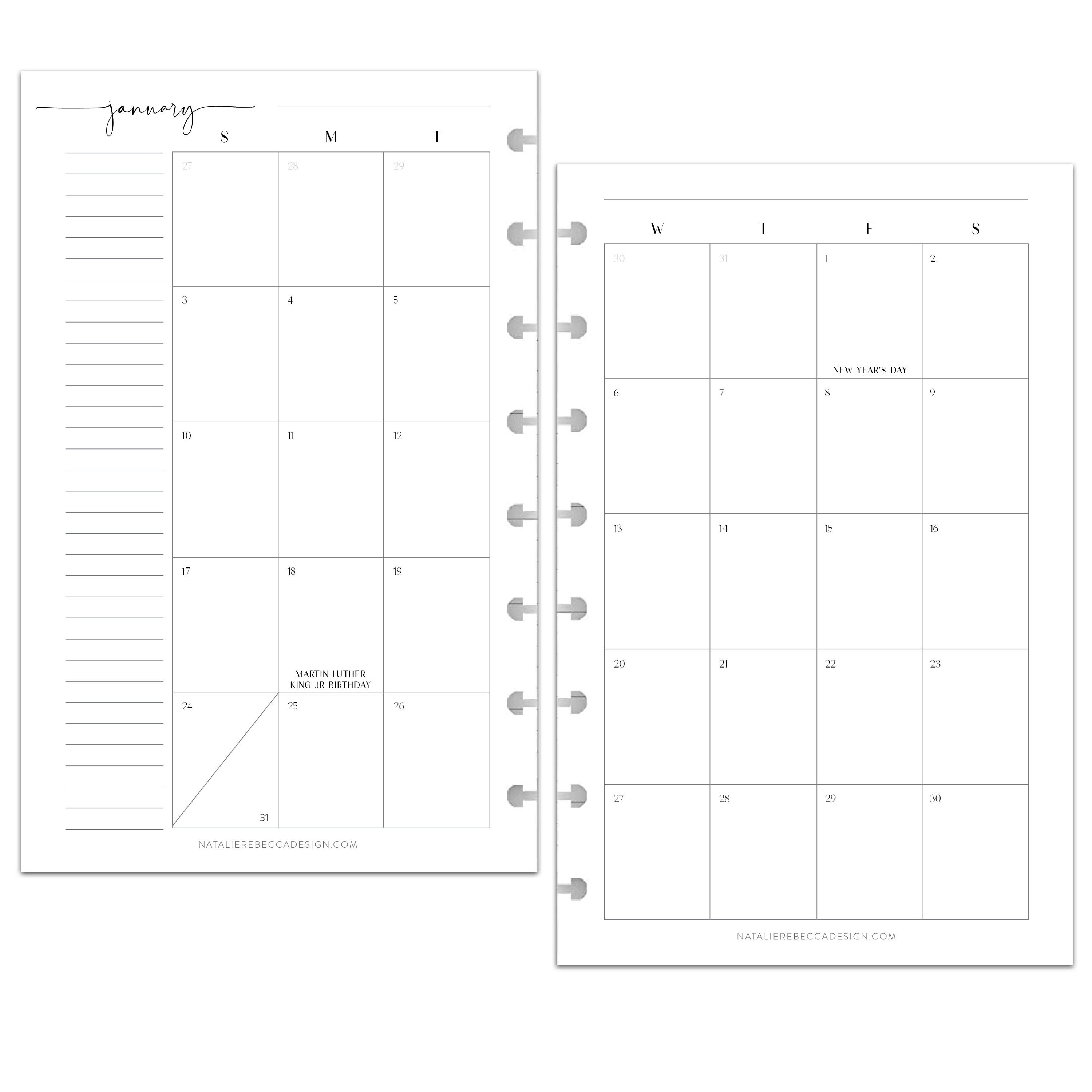 DATED MONTHLY CALENDAR for Discbound Planners Modern Font Etsy