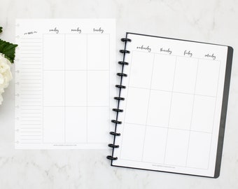 May include: Two blank weekly planner pages with a black coil binding. The left page has a column for notes and three columns for Sunday, Monday, and Tuesday. The right page has four columns for Wednesday, Thursday, Friday, and Saturday.
