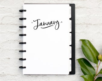 MONTHLY Calendar with DIVIDERS for Discbound planners, WHIMSY font, Half Letter, Junior Letter Size Circa, Dividers 12 Months