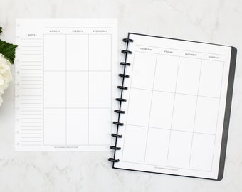 May include: Two blank weekly planner pages with a black coil binding. The left page has a notes section and columns for Monday, Tuesday, and Wednesday. The right page has columns for Thursday, Friday, Saturday, and Sunday.