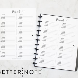 May include: Two pages of a black and white password log book with the word "Passwords" at the top of each page. The pages are divided into two columns with the headings "Account" and "Password".