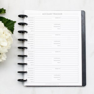 May include: A black and white printable planner page with the title "Account Tracker". The page is divided into four sections, each with fields for account information, website, username, password, and PIN.
