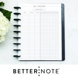 May include: A black and white printable bill tracker with the title "BILL TRACKER" and "MONTHLY BILLS" in black text. The tracker has columns for payee, amount, due date, and each month of the year.