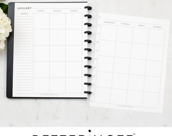 May include: A black and white monthly planner with a black coil binding. The planner has a section for notes and a grid for each day of the week. The planner is labeled "JANUARY".