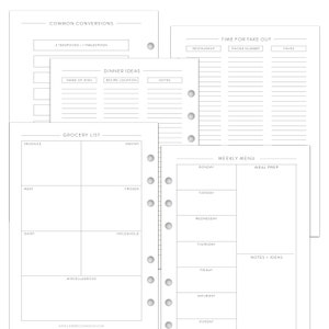 Pu&ograve; includere: Una pagina di pianificatore stampabile con sezioni per liste della spesa, pianificazione dei pasti, idee per la cena e conversioni comuni. La pagina &egrave; progettata per un pianificatore a spirale.
