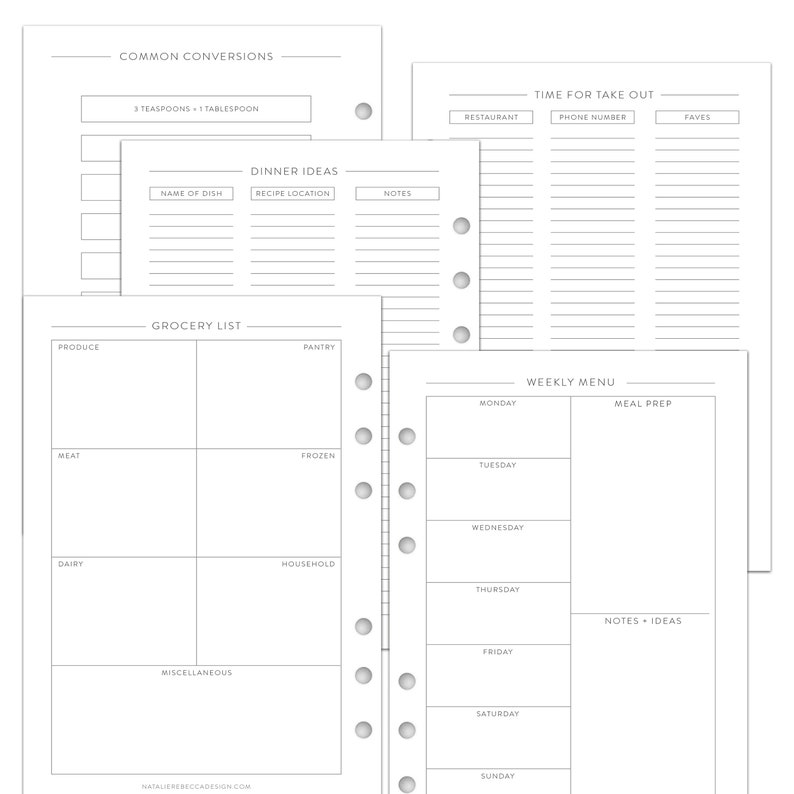 Pu&ograve; includere: Una pagina di pianificatore stampabile con sezioni per liste della spesa, pianificazione dei pasti, idee per la cena e conversioni comuni. La pagina &egrave; progettata per un pianificatore a spirale.