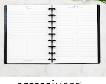 May include: An open black and white planner with a to-do list on each page. The planner has a black binding with silver rings. The planner is open to a page with a to-do list on the left side and a blank page on the right side. The planner is on a white marble surface.