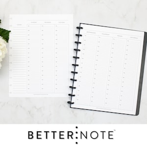 May include: Two black and white daily planners with a black coil binding. The planner on the left has the days of the week Sunday through Tuesday. The planner on the right has the days of the week Wednesday through Saturday. Both planners have the text "BETTER:NOTE" at the bottom.