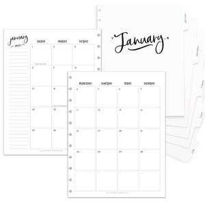 MONTHLY Calendar with DIVIDERS for Discbound planners, WHIMSY font, Half Letter, Junior Letter Size Circa, Dividers 12 Months