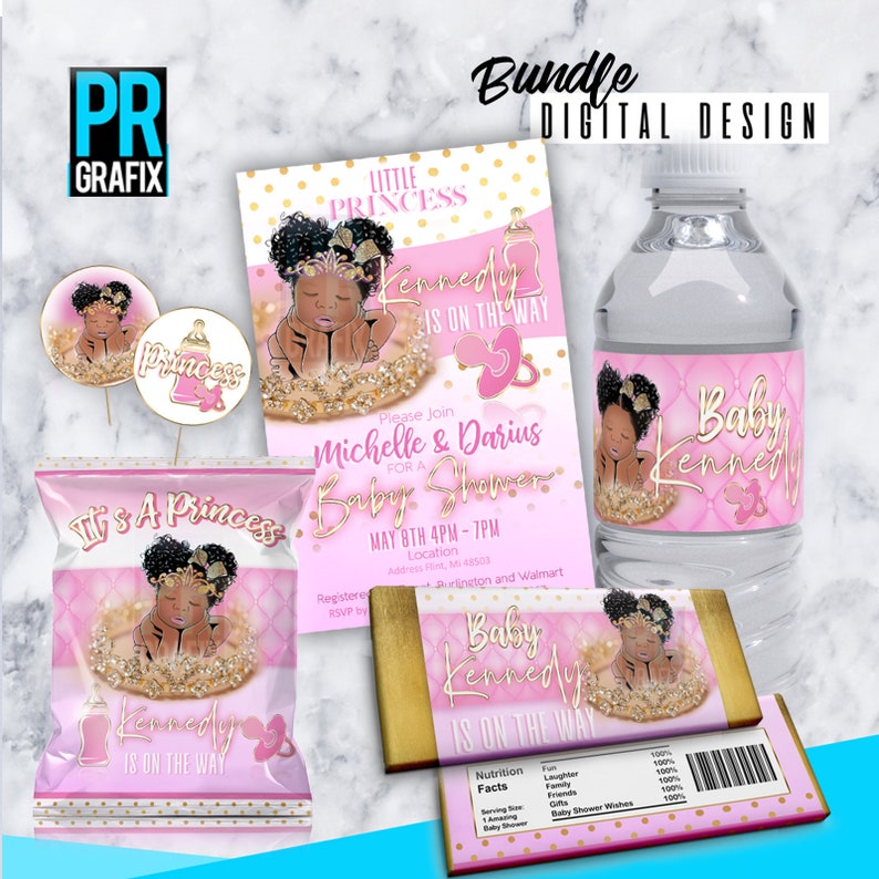 A Princess is on the way Digital Bundle ONLY Chip Treat Bag Water Bottle Label Candy Bar Wrapper Baby Shower Invite Cupcake Topper