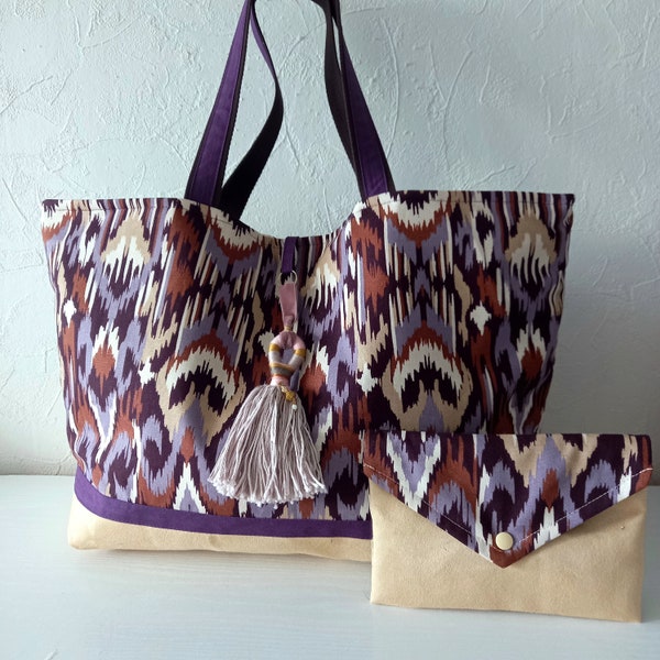 Large tote bag in multicolored ethnic fabrics with ikat patterns, soft and light tote bag, unique gift for her, handmade in France