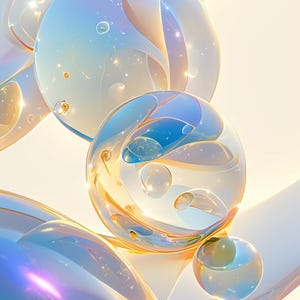 Peut inclure: Art numérique abstrait présentant un groupe de sphères translucides irisées avec une lumière douce et incandescente émanant de l'intérieur. Les sphères sont disposées dans une composition dynamique, créant un sentiment de mouvement et de profondeur.