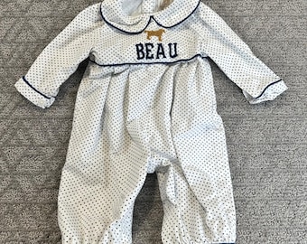 Mono de bebé niño Little Bear Smocks Beau, talla 6 M, color blanco, azul marino y lunares para perro