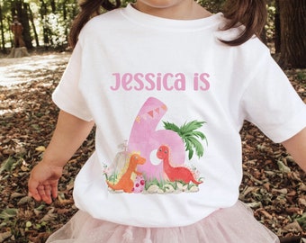 Camiseta de cumpleaños de Dino, camiseta personalizada de cumpleaños de cualquier edad, dinosaurio rosa, hoy tengo 6 años