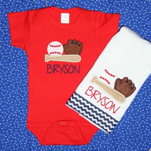 Custom appliqued baseball bodysuit and burp cloth