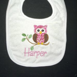 Custom appliqued  owl burp cloth and baby bib