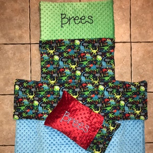 Custom embroidered dinosaur nap mat cover, blanket, pillow and pillow case
