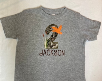 Custom appliqued duck hunting birthday shirt