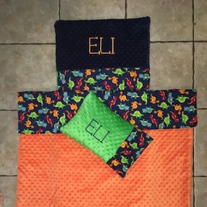 Custom embroidered dinosaur nap mat cover, blanket, pillow and pillow case