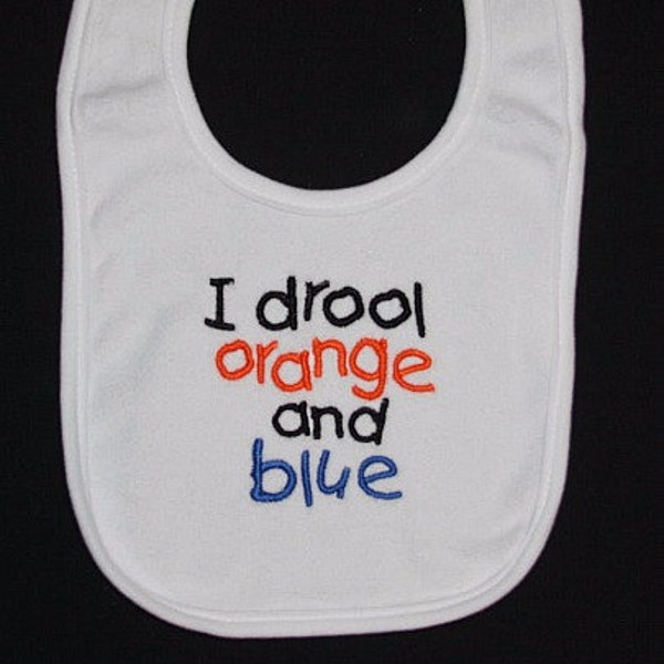 I drool orange and blue embroidered bib